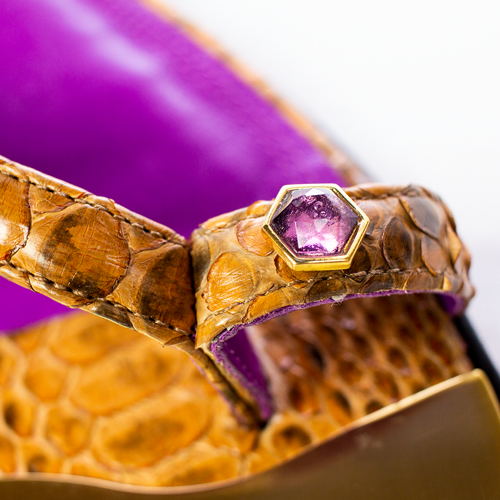 Close-up of python leather detail on Sam Prado Tulum sandals